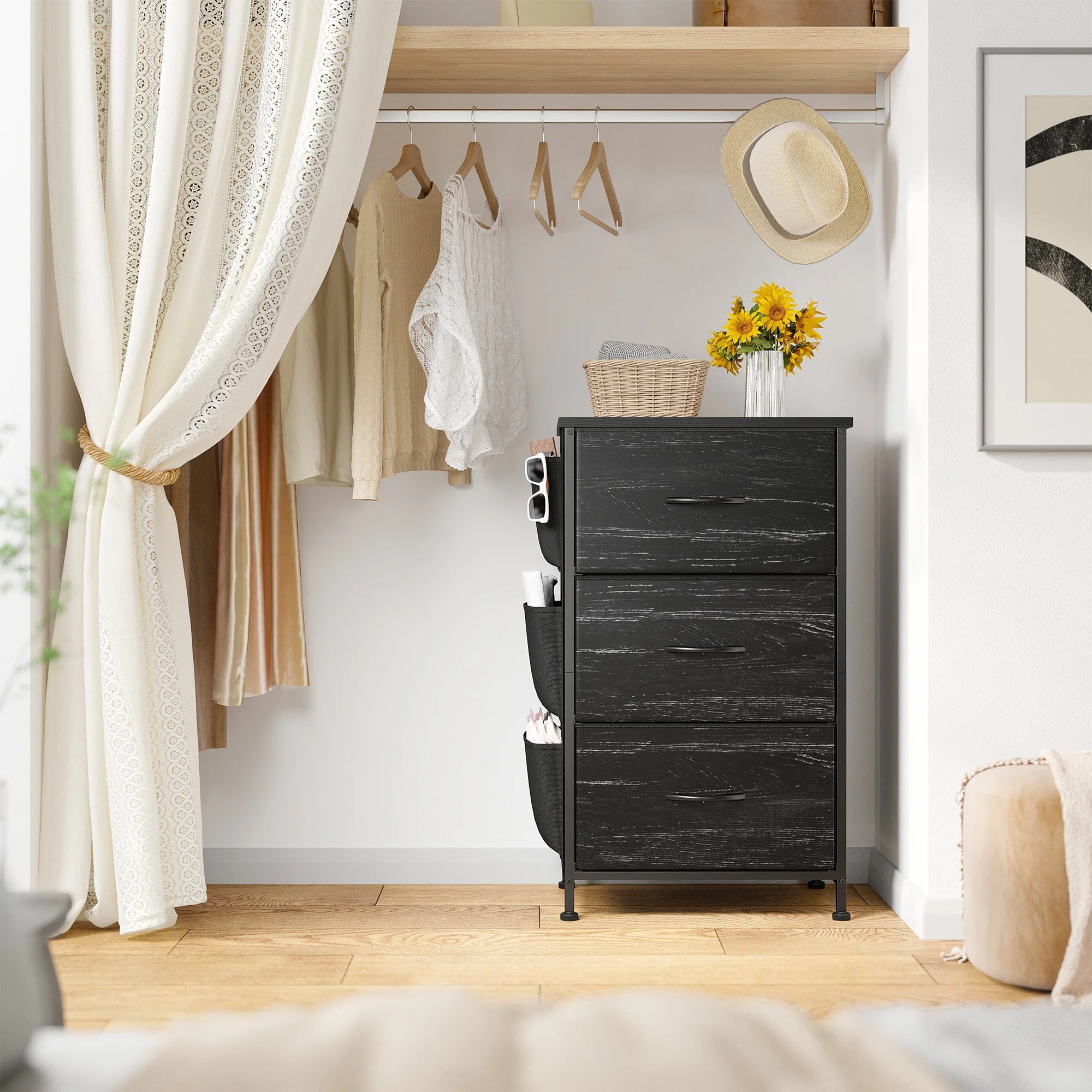 Set of 2 Nightstands, Metal Wood Storage Dresser with 3 Fabric Drawers & Side Storage Pockets for Bedroom, Closet, Hallway, Entryway