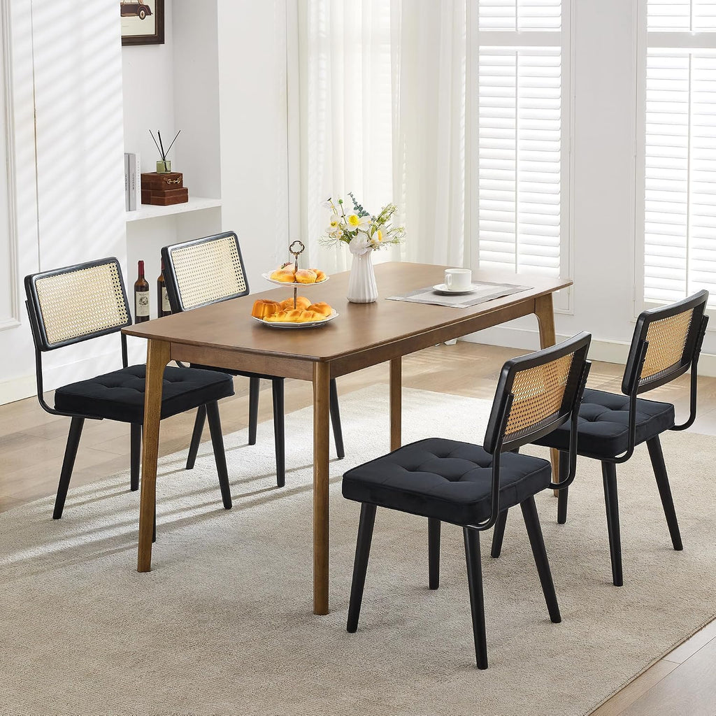 Natural Rattan Dining Chairs Set of 4, Linen Upholstered Kitchen Chairs with Tall Cane Backrest, Wood Legs, Mid Century Dining Room Chairs for Kitchen, Restaurant, Living Room(Velvet | Black)