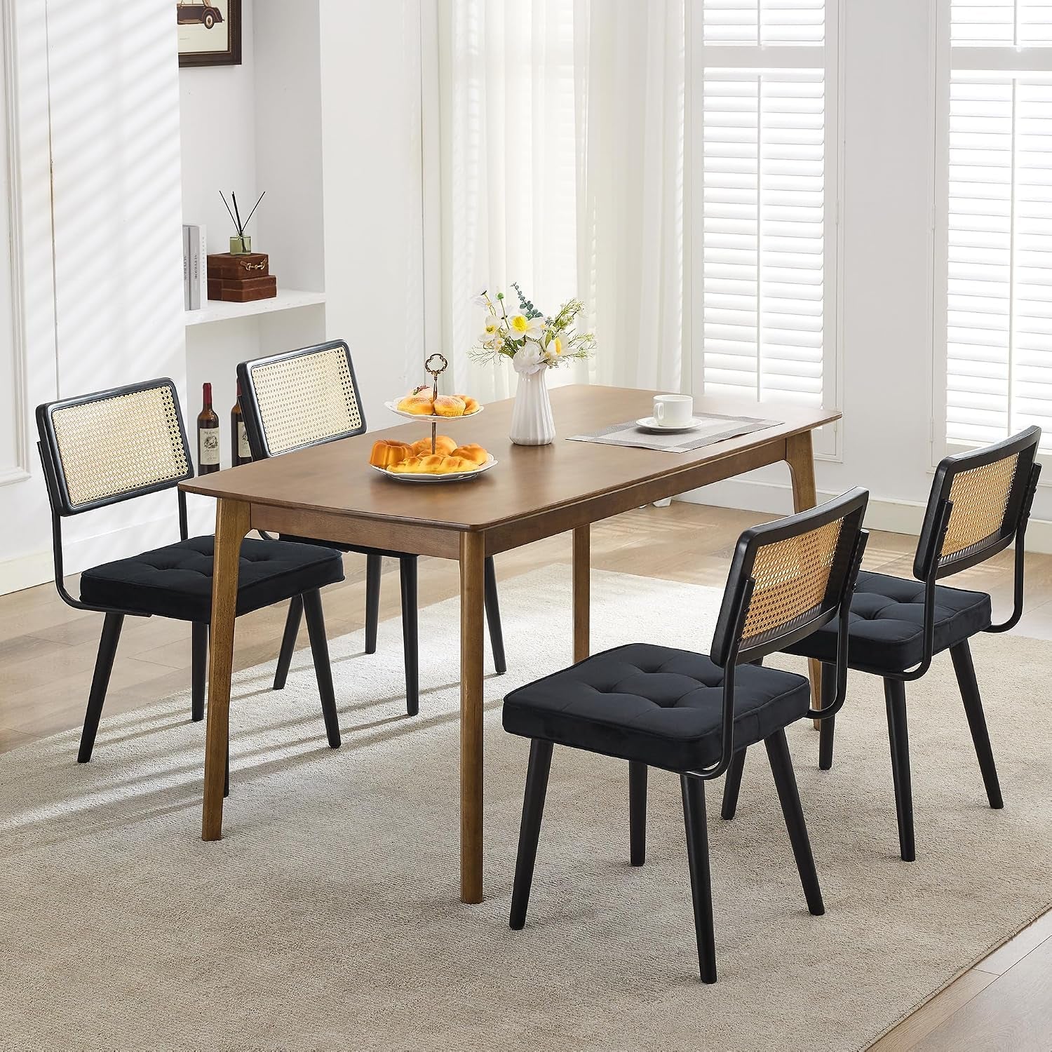 Natural Rattan Dining Chairs Set of 4, Linen Upholstered Kitchen Chairs with Tall Cane Backrest, Wood Legs, Mid Century Dining Room Chairs for Kitchen, Restaurant, Living Room(Velvet | Black)