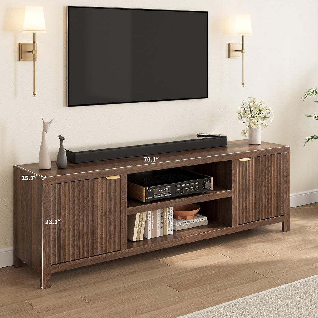 Fluted TV Stand for 75+ Inch, Modern Entertainment Center with 2-Tier Storage & Adjustable Shelves, Media Console Cabinet with 2 Fluted Doors and Gold Handle for Living Room Bedroom, Walnut