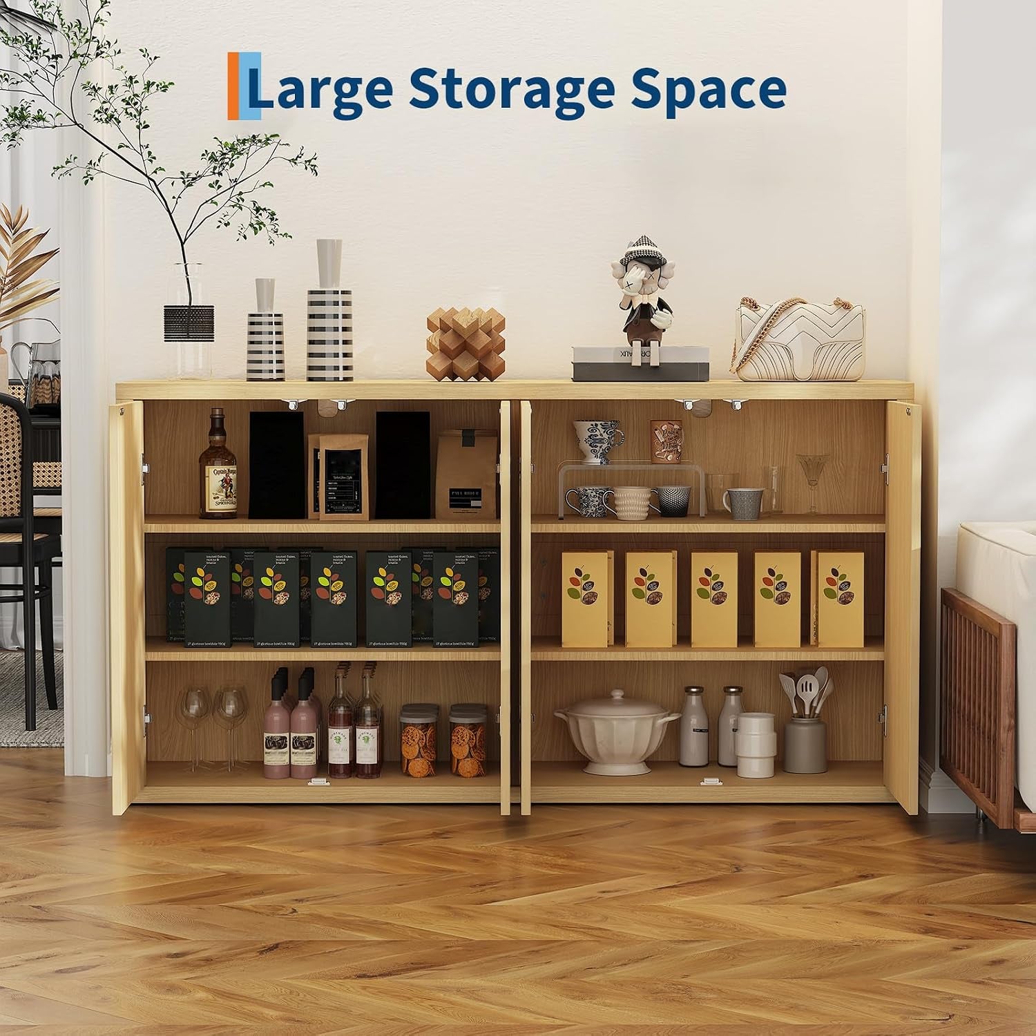 66.3In Large Sideboard Buffet Cabinet, Kitchen Modern Fluted Cupboard Coffee Bar Console Table Credenza Storage Cabinet with Adjustable Shelves for Living Room Hallway, 4 Doors