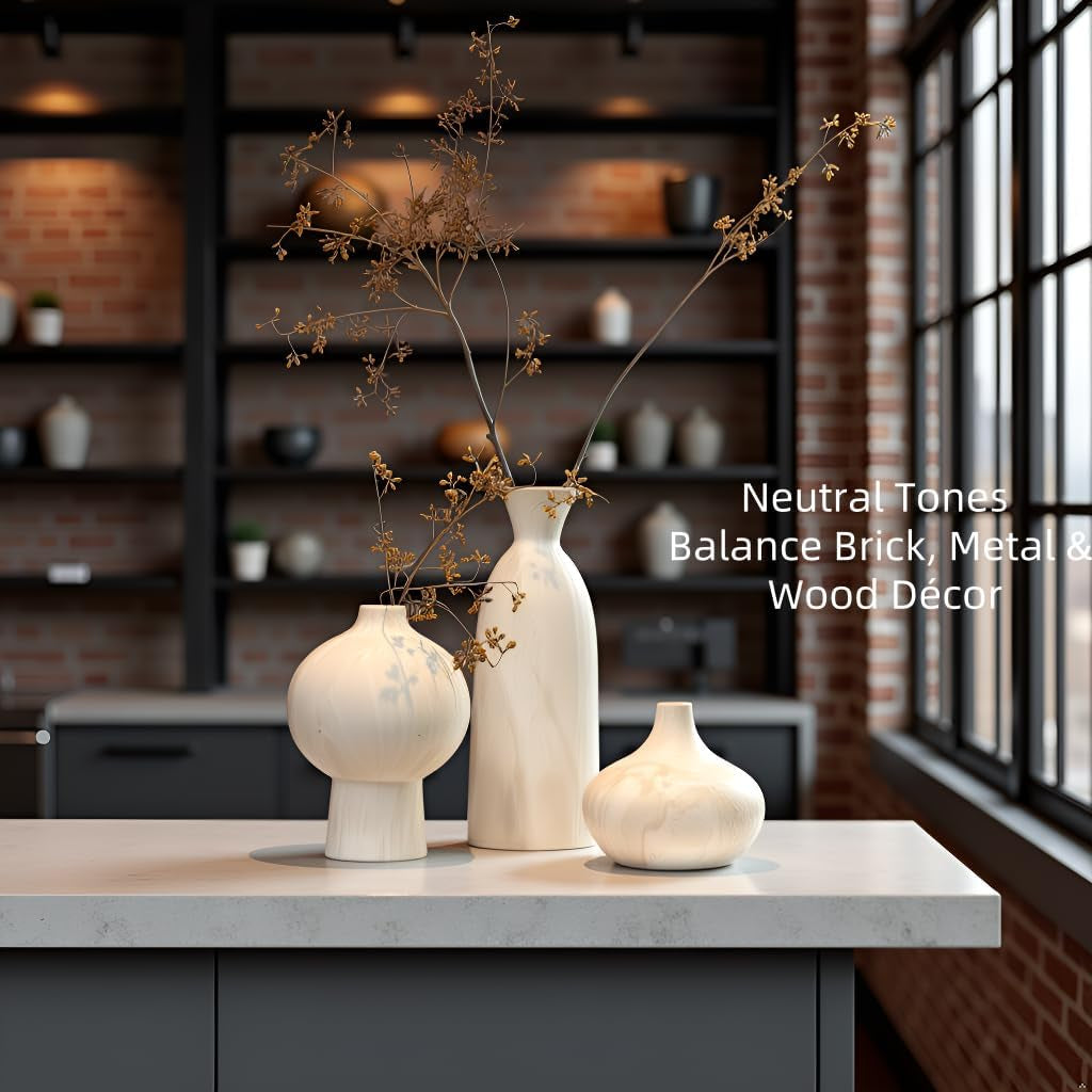 White Ceramic Vase Set of 3, Modern Organic Home Decor | Aged-Stone Texture, Sculptural Silhouettes, Effortless Neutral Styling, Display Together or Separately on Shelves and Mantels