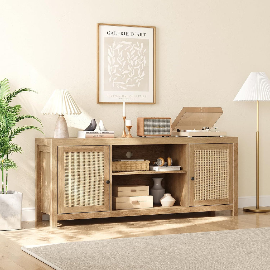 Natural oak boho rattan media console