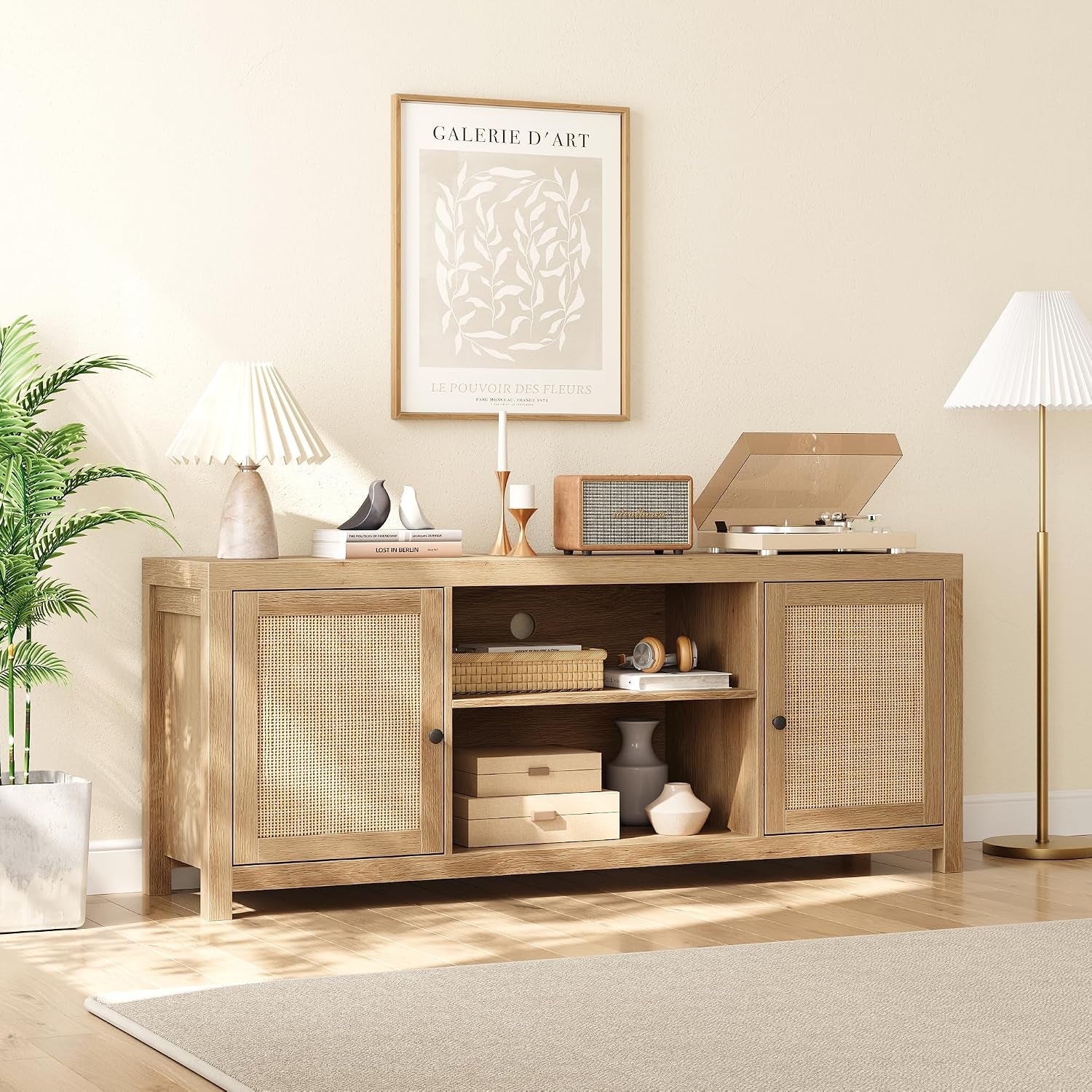 Natural oak boho rattan media console