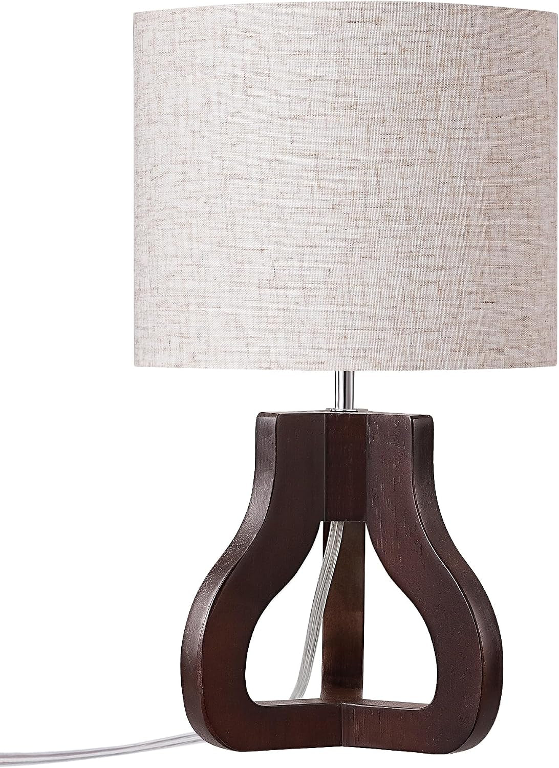 14.6" Small Table Lamp, Walnut Wood Nightstand Lamp, E26 Base | Beige Linen Shade, On-Off Line Switch, Tripod Base, Cute Bedside Lamp for Living Room, Bedroom, Office