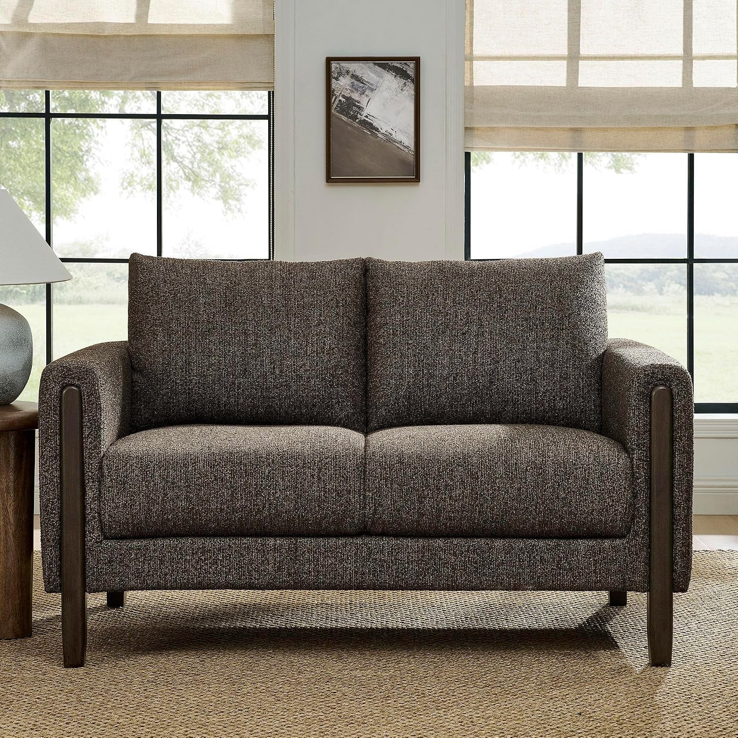 Hawken 54 Inch Boucle Loveseat in Antique Espresso with Wood Legs – Mid-Century Modern Small Space 2-Seater Sofa for Living Room, Bedroom, or Office Lounge