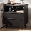 26 Inch Tall Black Oak Nightstand with Charging Station, 2 Drawers | 24 Inch Wide, 16 Inch Deep Design with Raised-Edge Tray Top, Open Shelf, Hidden Storage, and a Streamlined Look