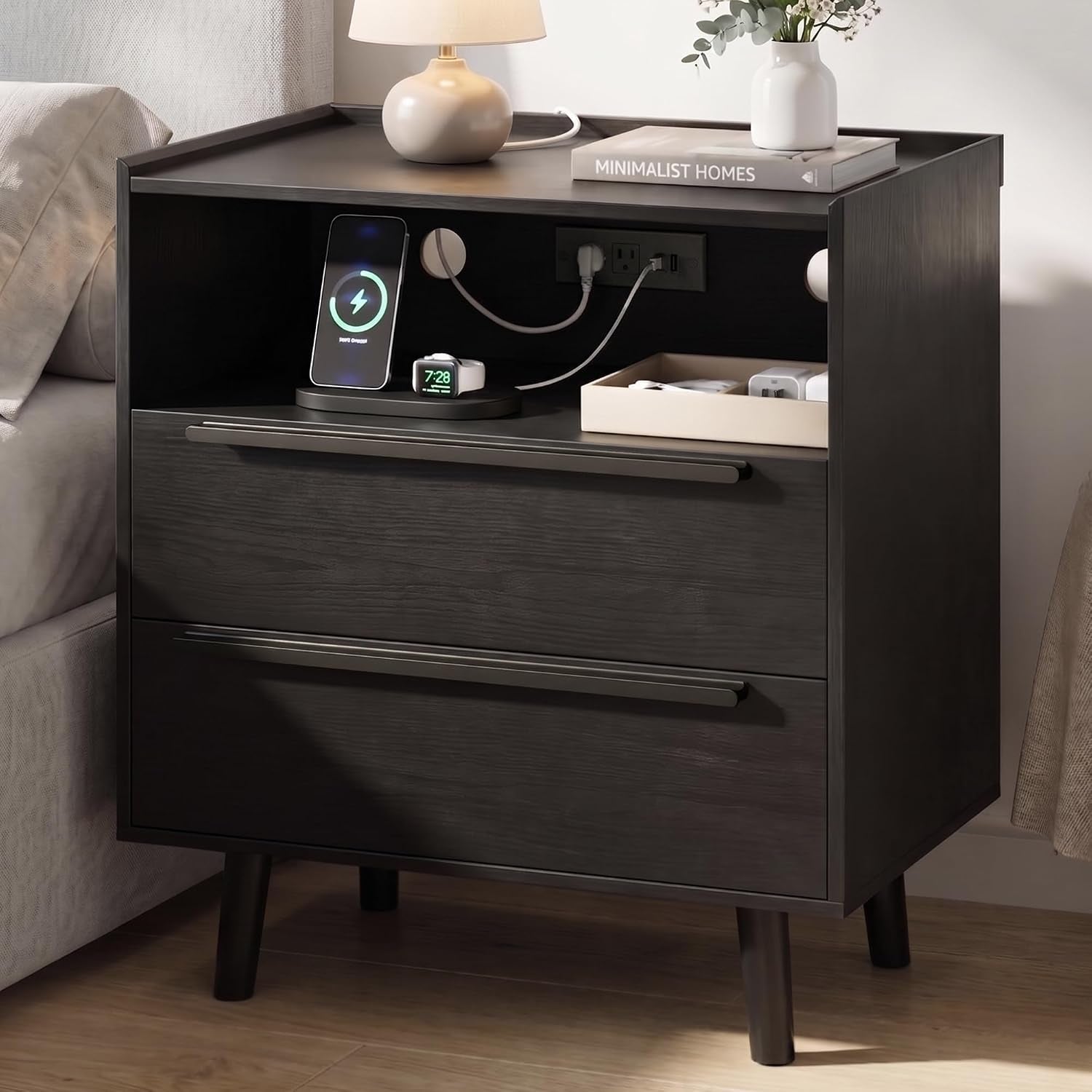 26 Inch Tall Black Oak Nightstand with Charging Station, 2 Drawers | 24 Inch Wide, 16 Inch Deep Design with Raised-Edge Tray Top, Open Shelf, Hidden Storage, and a Streamlined Look