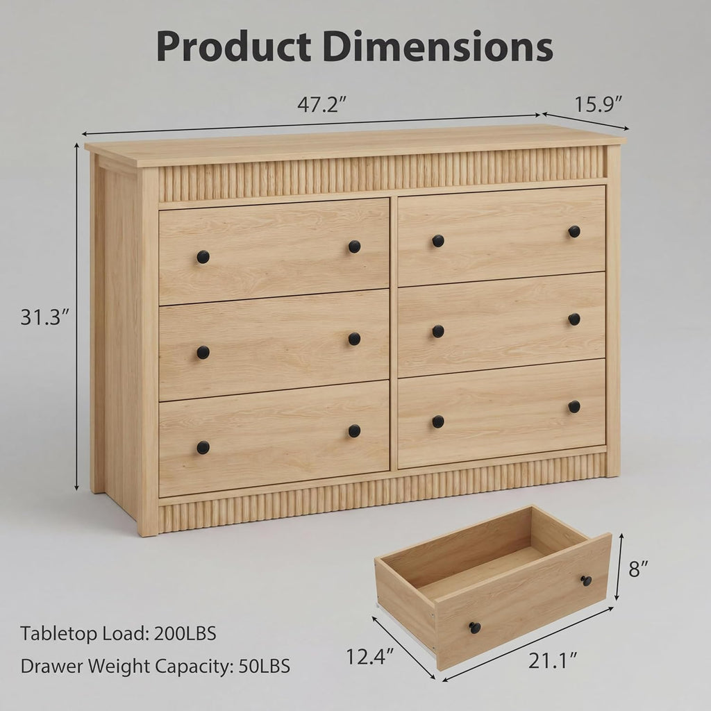 47" Fluted TV Stand with 6 Drawers, Modern Oak Media Console Cabinet, Wood Entertainment Center Storage Organizer for Living Room, Bedroom, Hallway, Entryway