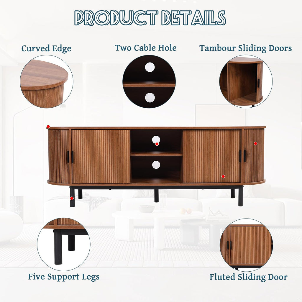 62" Tambour Door TV Stand,Wood Mid Century Modern TV Cabinet for up to 70“ Tv,Curved Edge Long TV Stand with Storage for Bedroom Living Room(Walnut, 62.2Inch)