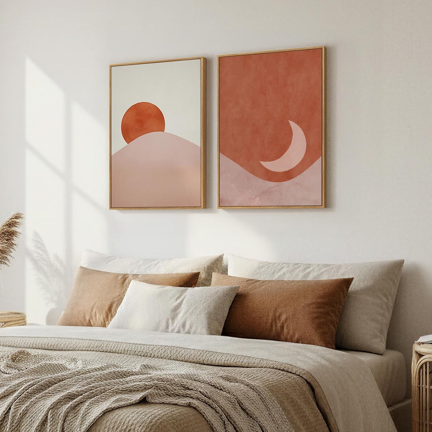 Framed Boho Terracotta Sun and Moon Canvas Wall Art Bedroom, 20X30 Inch | Sun and Moon, Set of 2, Canvas Print, Bohemian Pictures, Mid Century Modern, Terracotta Beige Artwork, Dining Room Wall Decor