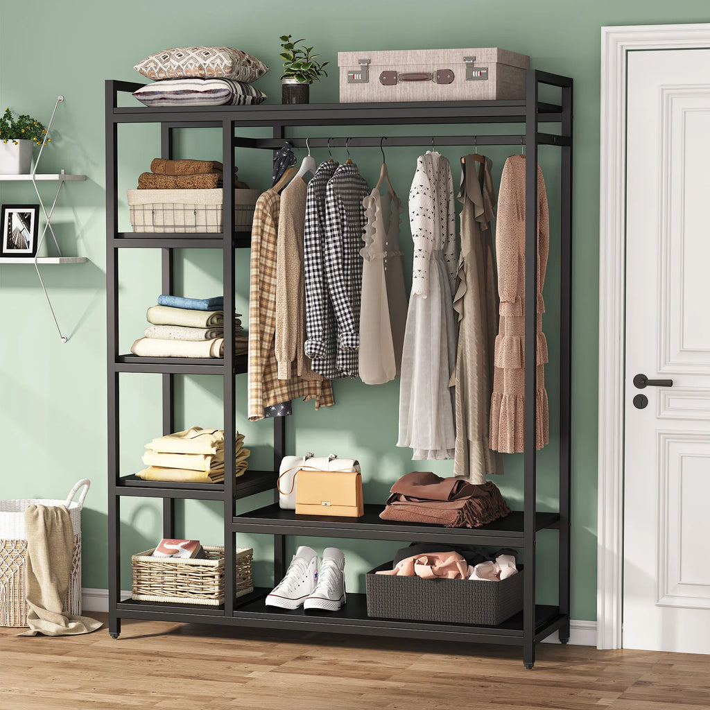 Free Standing Wood Closet Clothes Rack, Grament Rack with Shelves, Hanging Racks for Clothes Clothing Rack for Bedrom