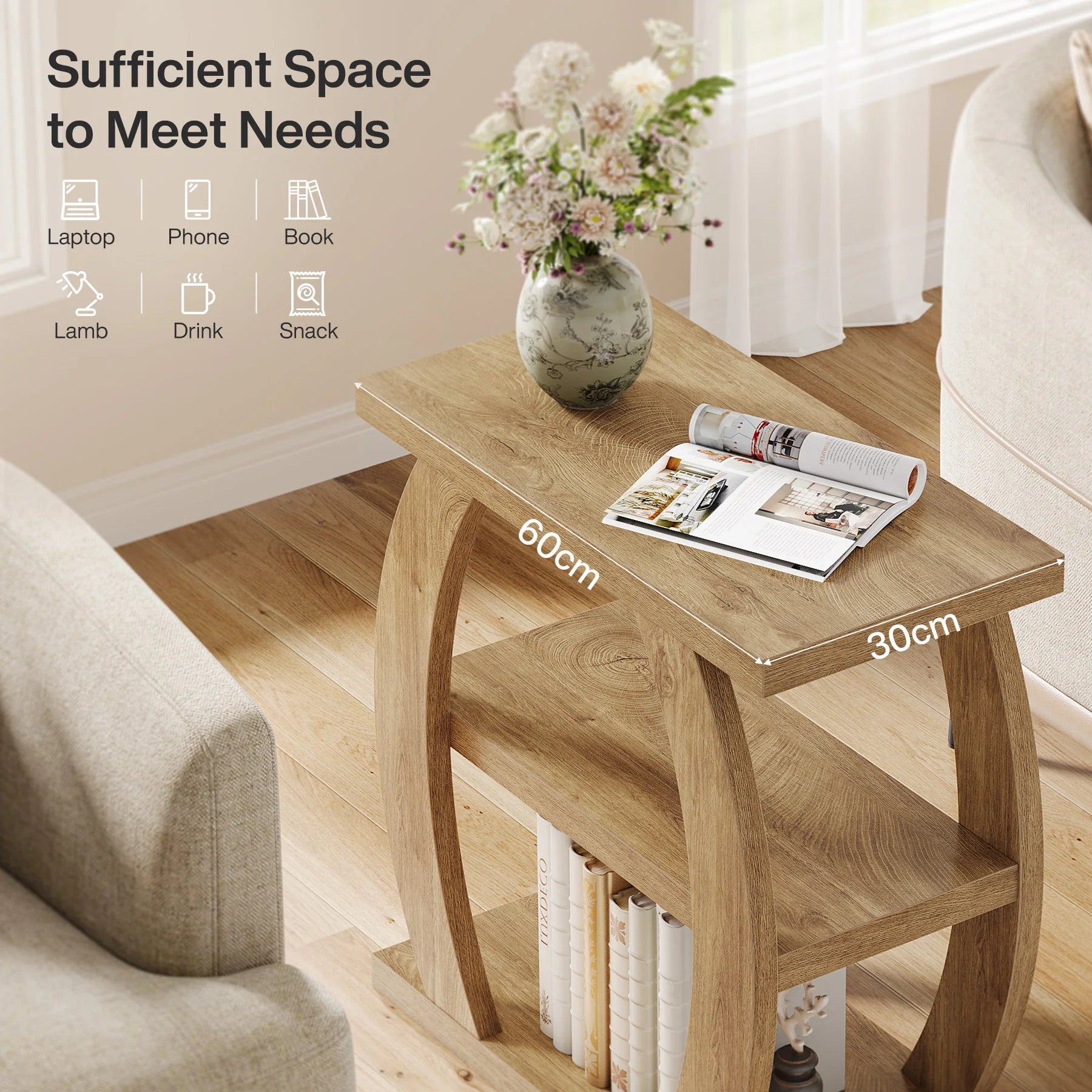 End Table for Living Room, 3-Tier Narrow Side Table with Storage, Farmhouse Wooden beside Table with Geometric Frame, Tall Nightstand for Bedroom, Small Spaces, Natural Oak