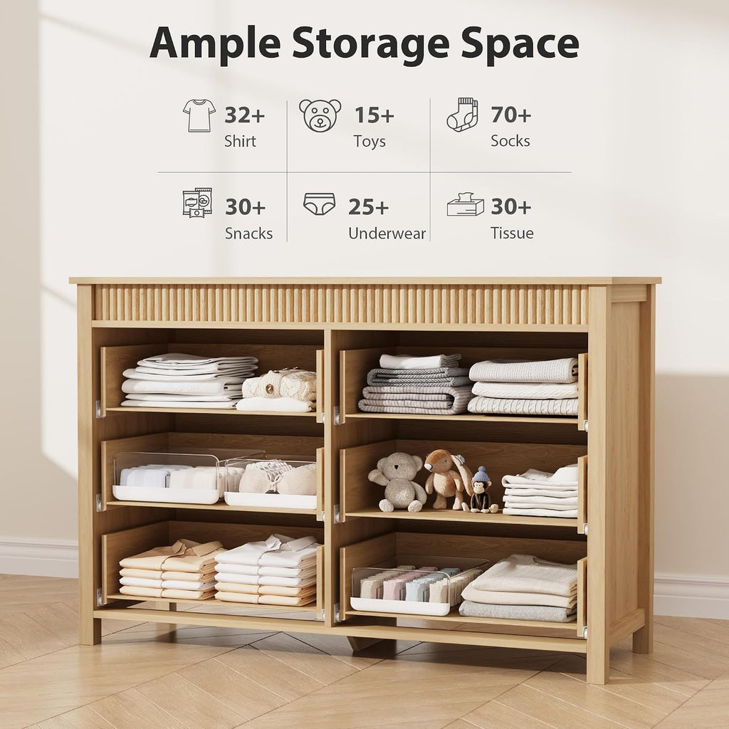 47" Fluted TV Stand with 6 Drawers, Modern Oak Media Console Cabinet, Wood Entertainment Center Storage Organizer for Living Room, Bedroom, Hallway, Entryway