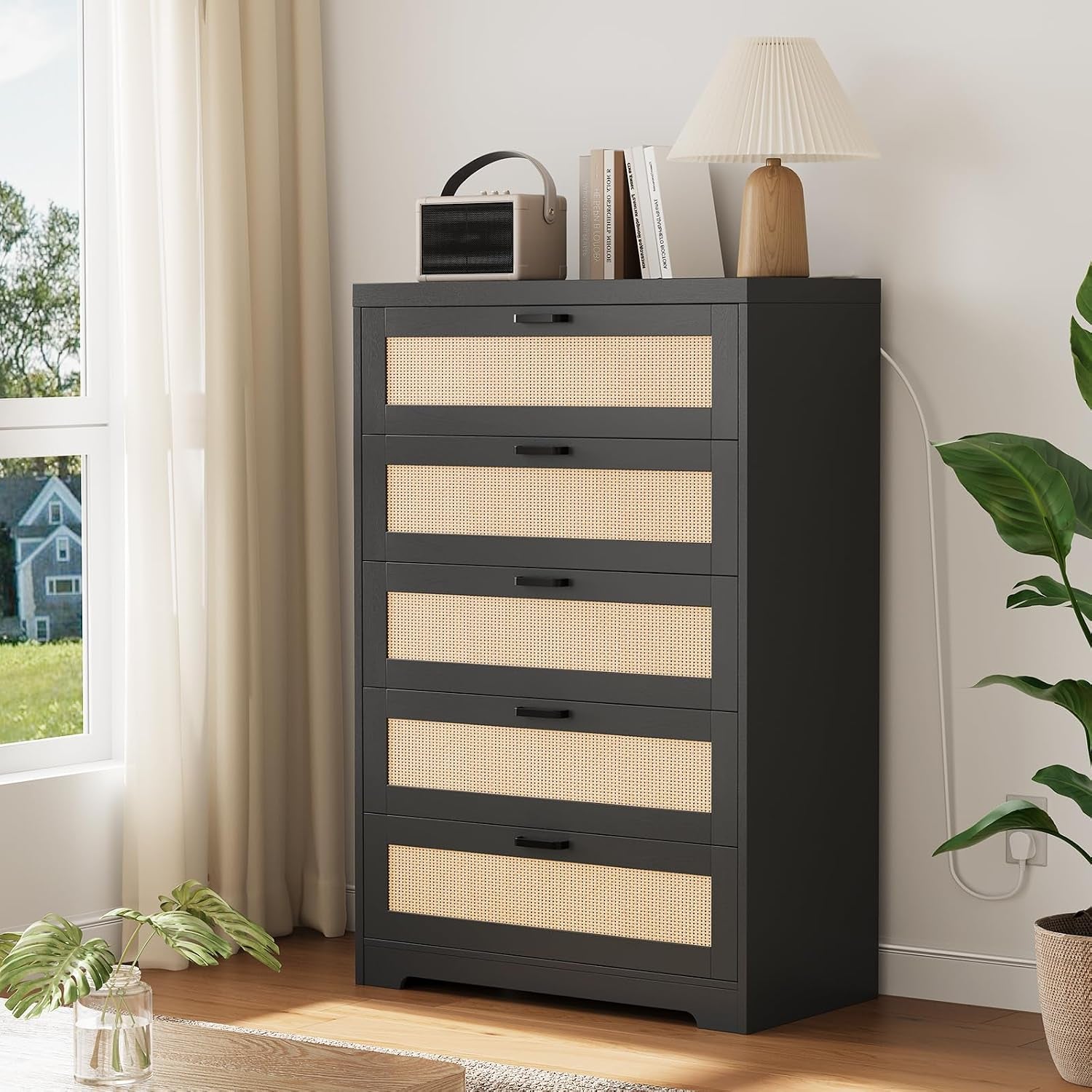 Rattan 5 Drawer Dresser, Wood Tall Chest of Drawers, Black | Rattan Dresser for Bedroom with Power Outlets, 5-Drawer Wood Tall Chest of Drawers