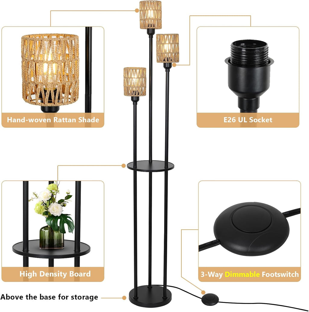 Dimmable Boho Floor Lamps for Living Room, 3-Lights Farmhouse Floor Lamp with 3-Way Foot Switch, Rattan Floor Lamp with Shelves, Rustic Standing Lamp with Rattan Shades, Tall Lamps for Bedroom