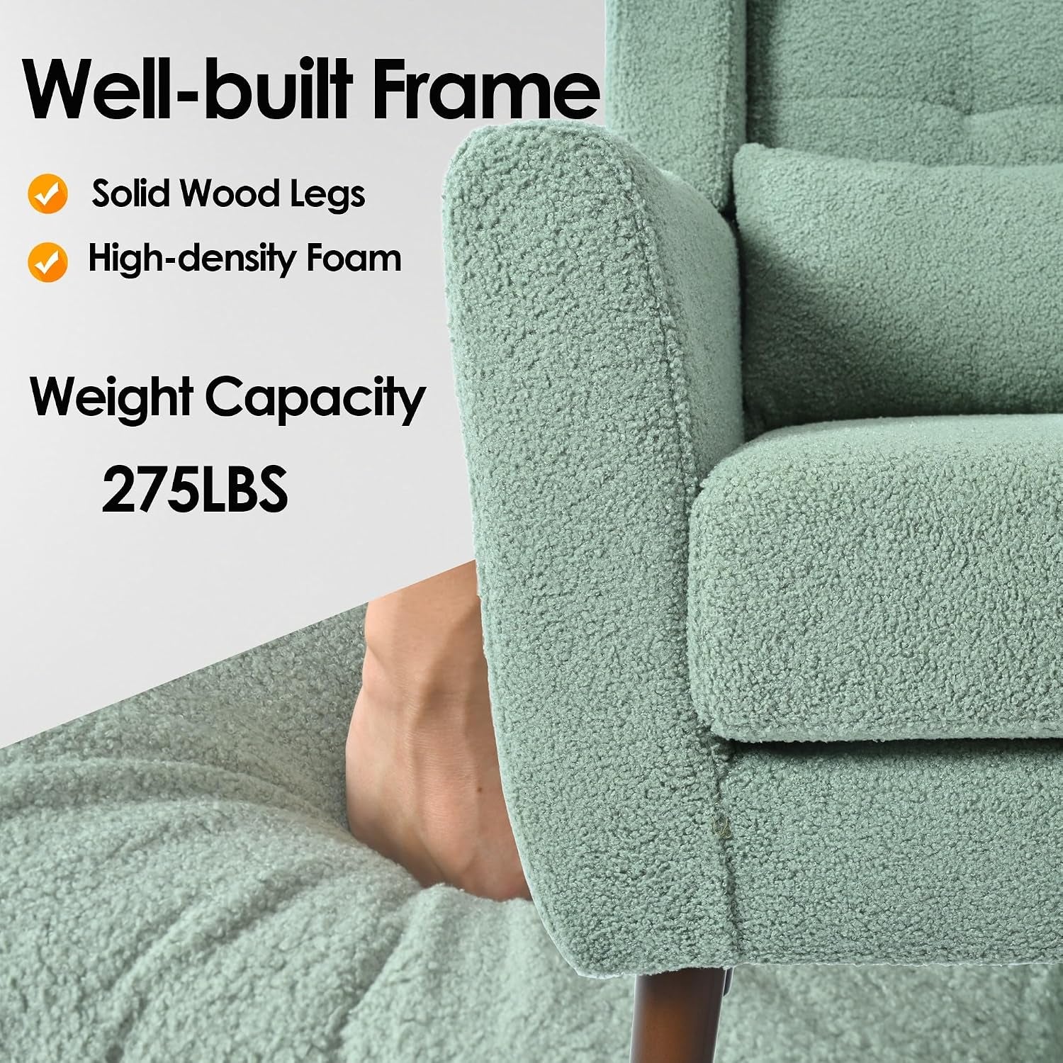 Modern Accent Chair Teddy Fabric Armchair with Pillow, Solid Wood Legs & High-Density Foam Filled, Soft Padded Lounge Chair Mid Century Reading Chair for Living Room, Bedroom, Light Green