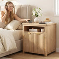 Modern Farmhouse Nightstands, Walnut/Oak Wood Bedside Table with Charging Station & Storage
