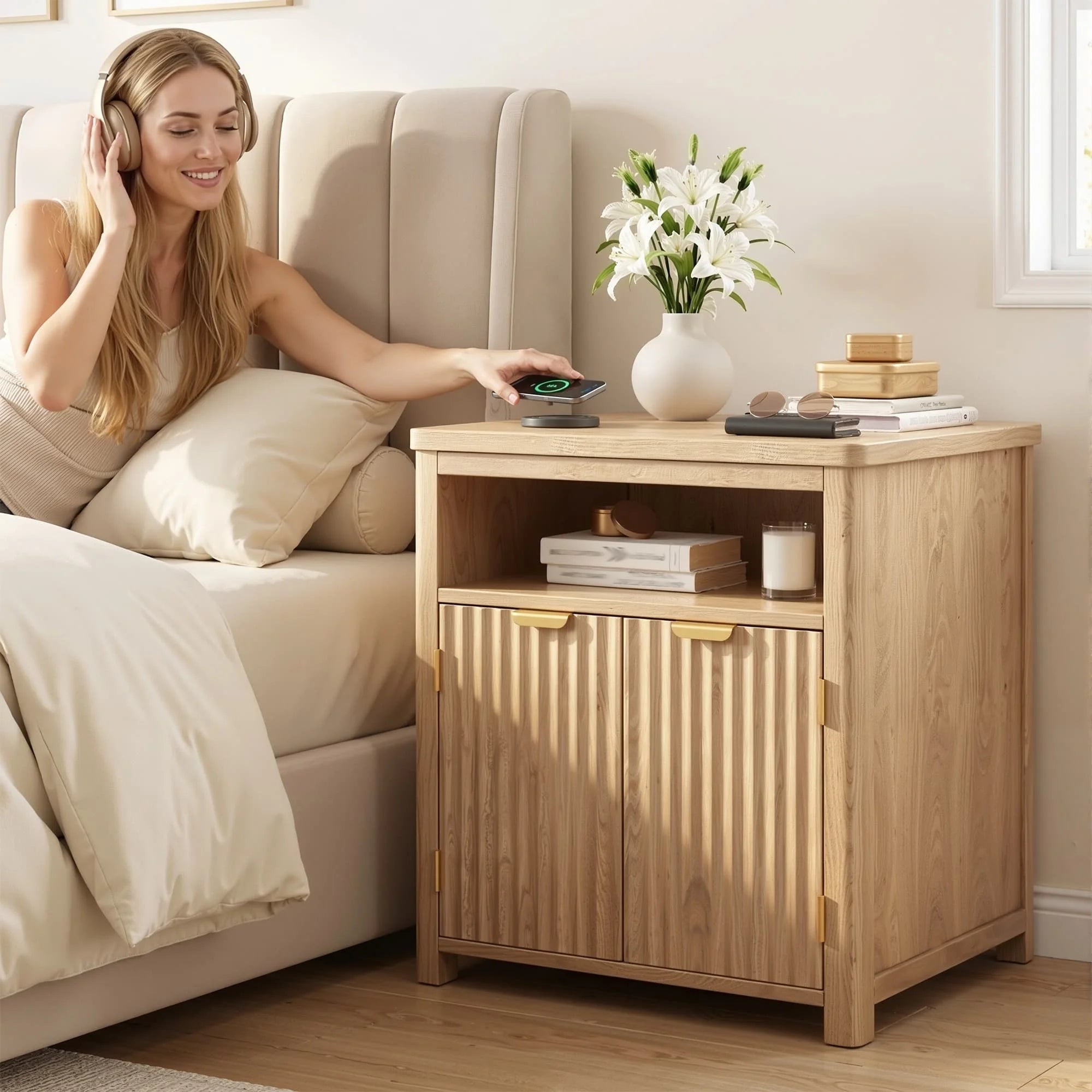 Modern Farmhouse Nightstands, Walnut/Oak Wood Bedside Table with Charging Station & Storage