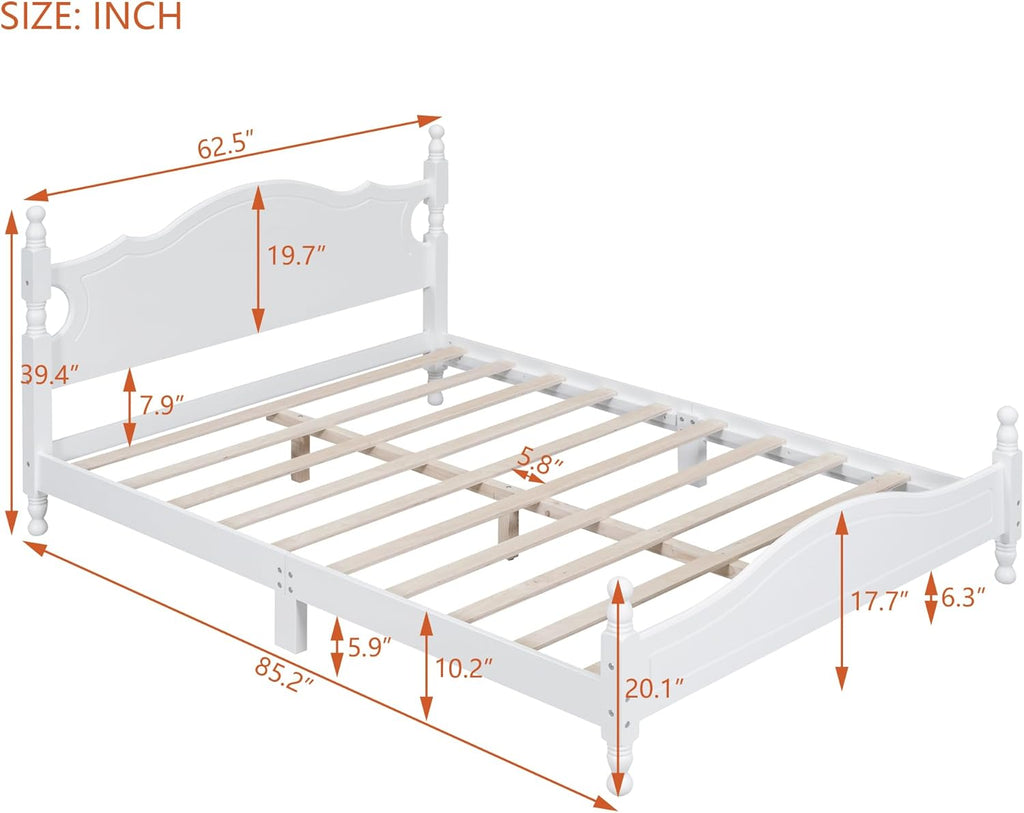 Modern Farmhouse Wood Platform Bed with Headboard, Queen Bed Frame with Wood Slat Support White