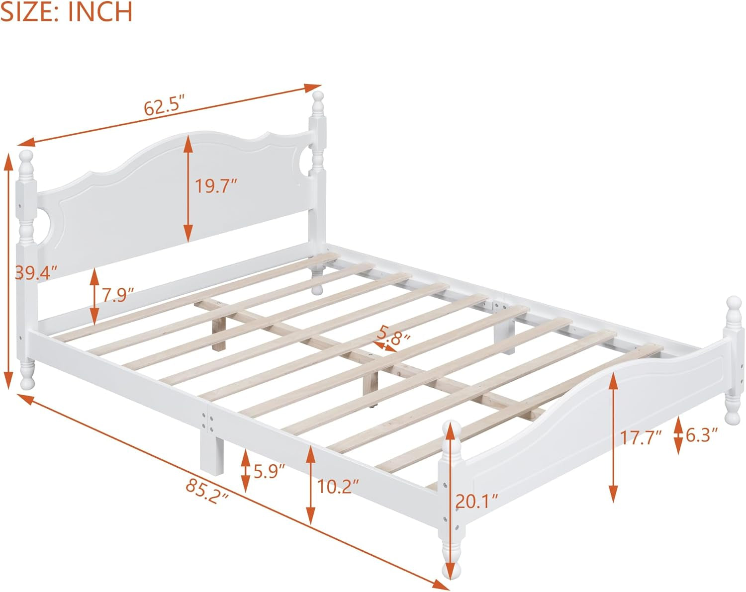 Modern Farmhouse Wood Platform Bed with Headboard, Queen Bed Frame with Wood Slat Support White