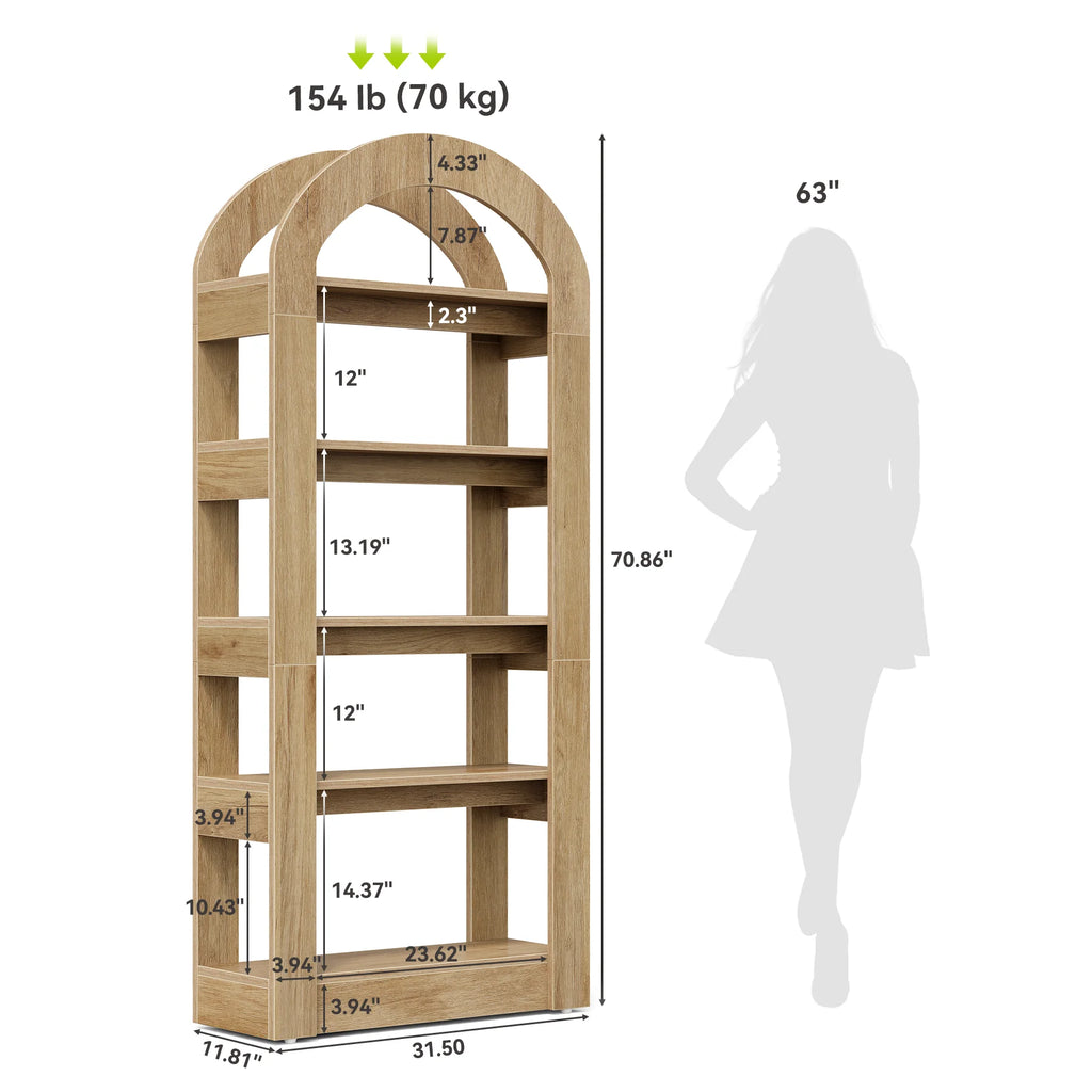 70.87” Tall Arched Bookshelf, Rustic Oak Bookcase with 5-Tier Storage, Modern Decorative Display Shelf for Living Room, Bedroom, Office (31.5” W X 11.81” D)