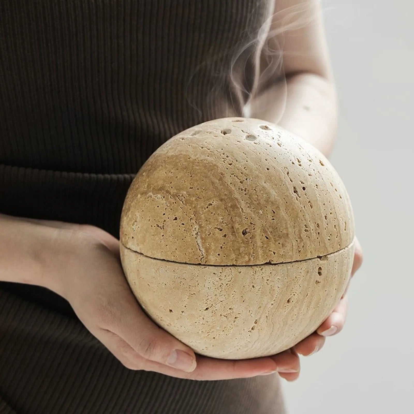Travertine Marble Incense Burner Textured Spherical Aromatherapy Stone Bowl Frankincense Zen Decor for Meditation Spaces Home