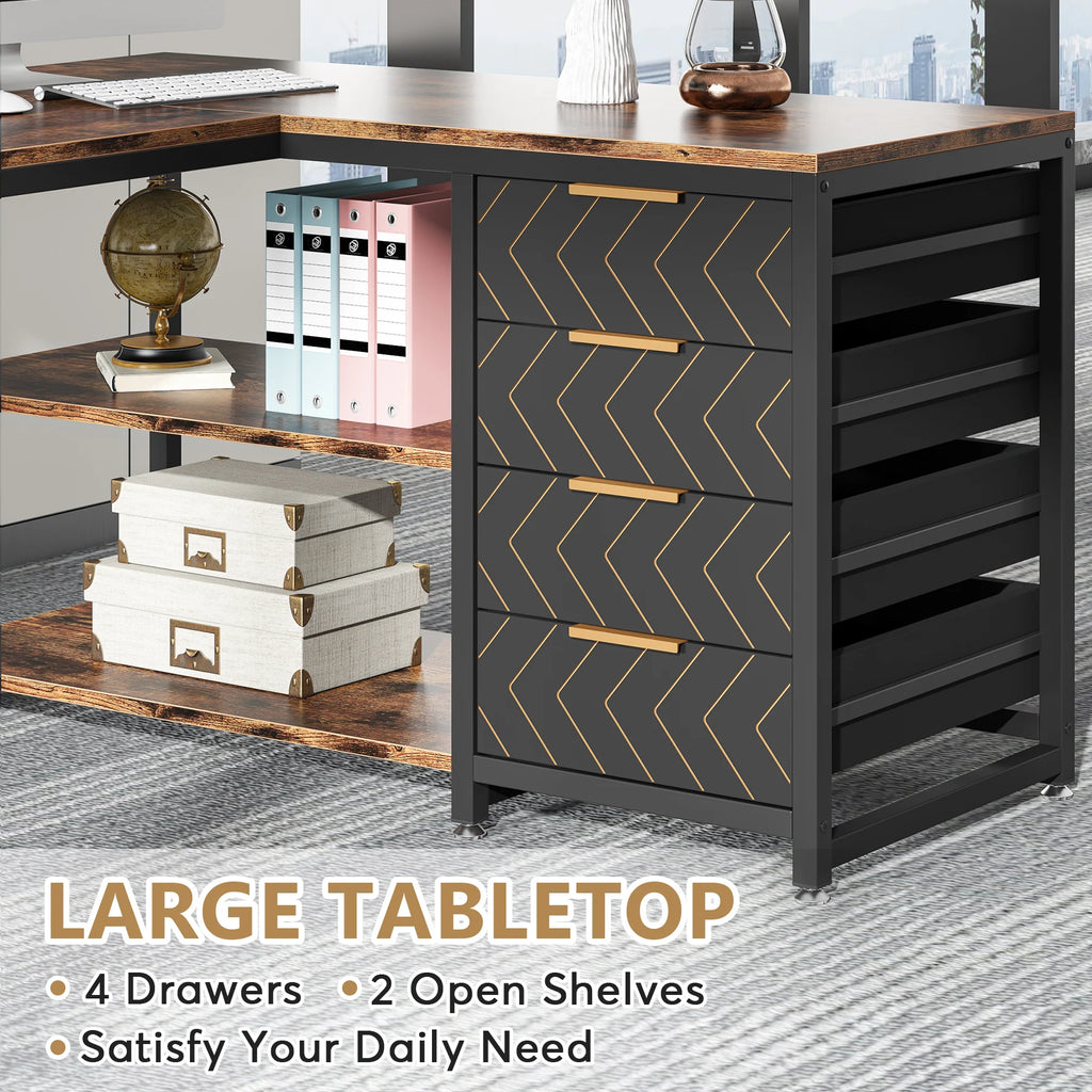 L Shaped Computer Desk with Storage Drawers, 59 Inch Corner Desk with Shelves, Reversible L-Shaped Office Desk Study