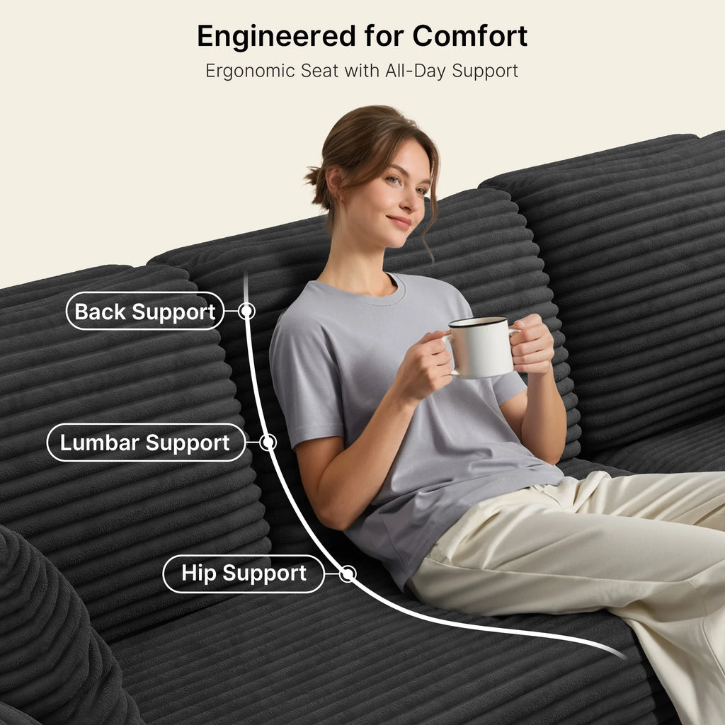 Sofa,  105" L-Shaped Sectional Couch for Living Room, High-Resilience Foam & Premium Corduroy Fabric, Free Assembly, Black
