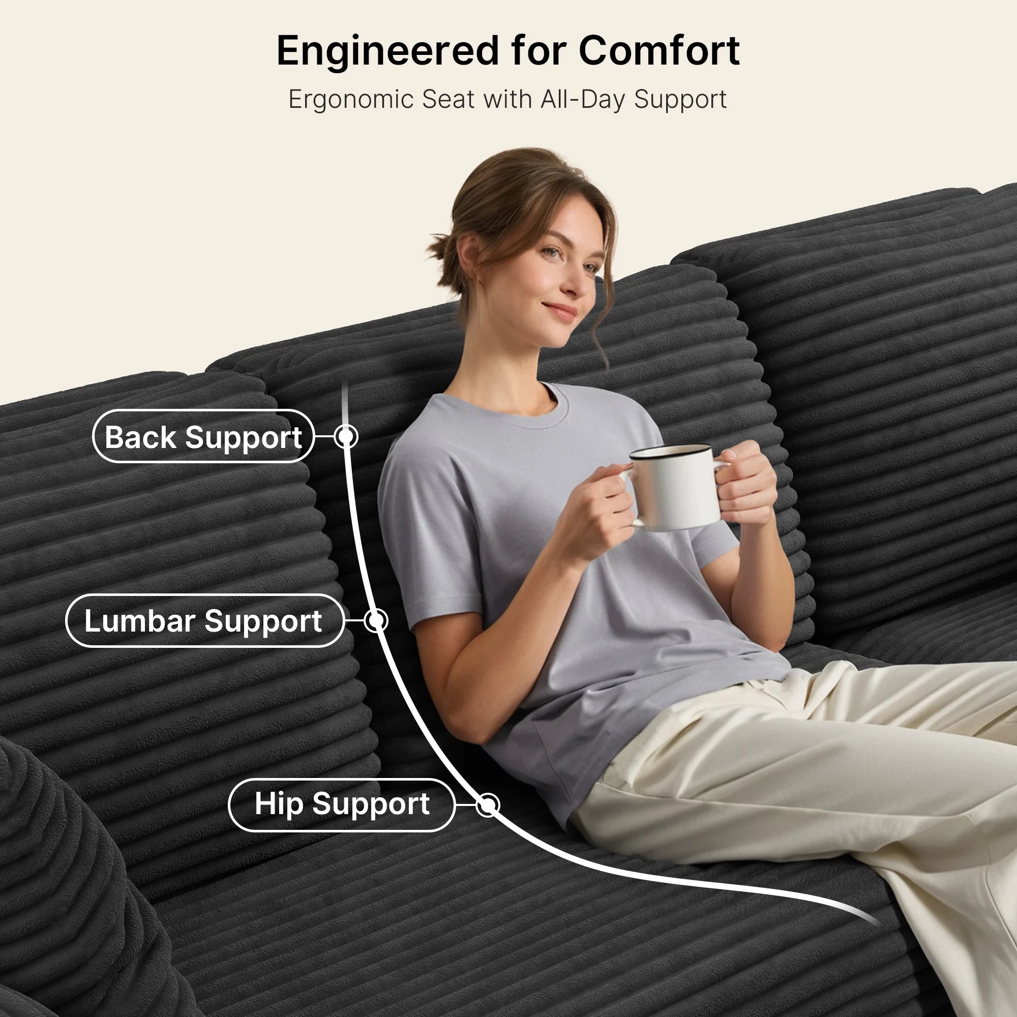 Sofa,  105" L-Shaped Sectional Couch for Living Room, High-Resilience Foam & Premium Corduroy Fabric, Free Assembly, Black