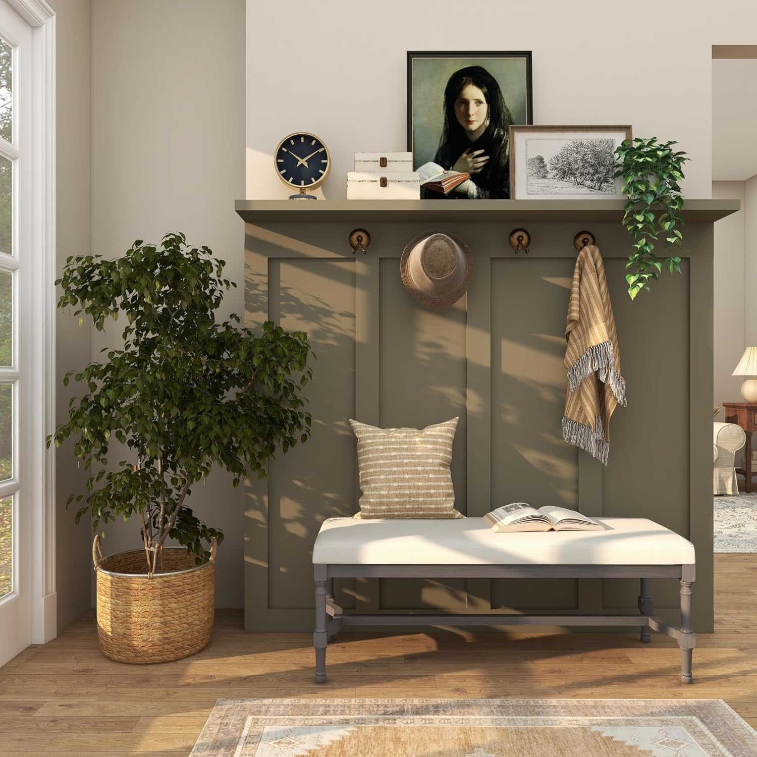 Grey wood entryway bench with burlap seat