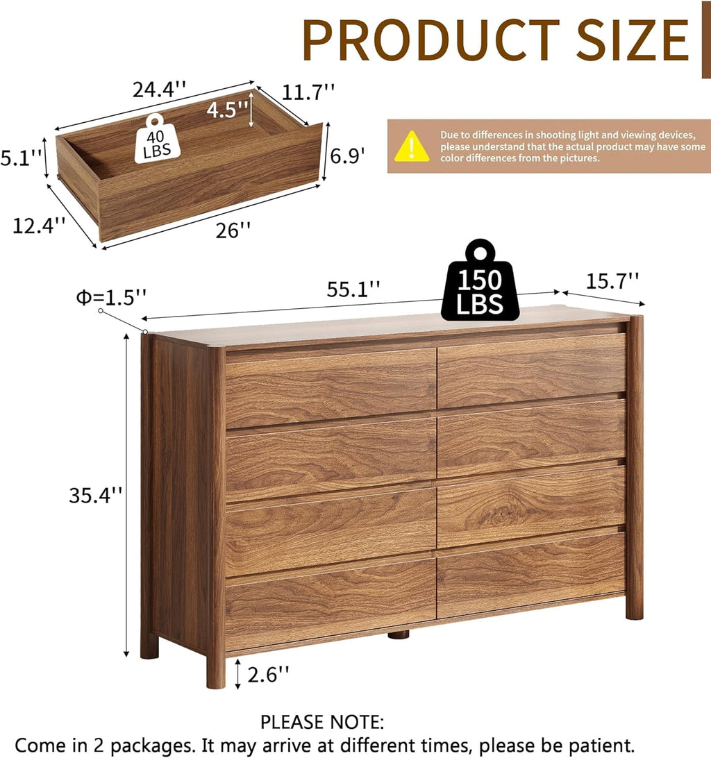 55" Wide Walnut 8 Drawer Dresser for Bedroom with Solid Wood Legs | Mid Century Modern Chest of Drawers with Hidden Handles , Large Wood Storage Dresser for Bedroom