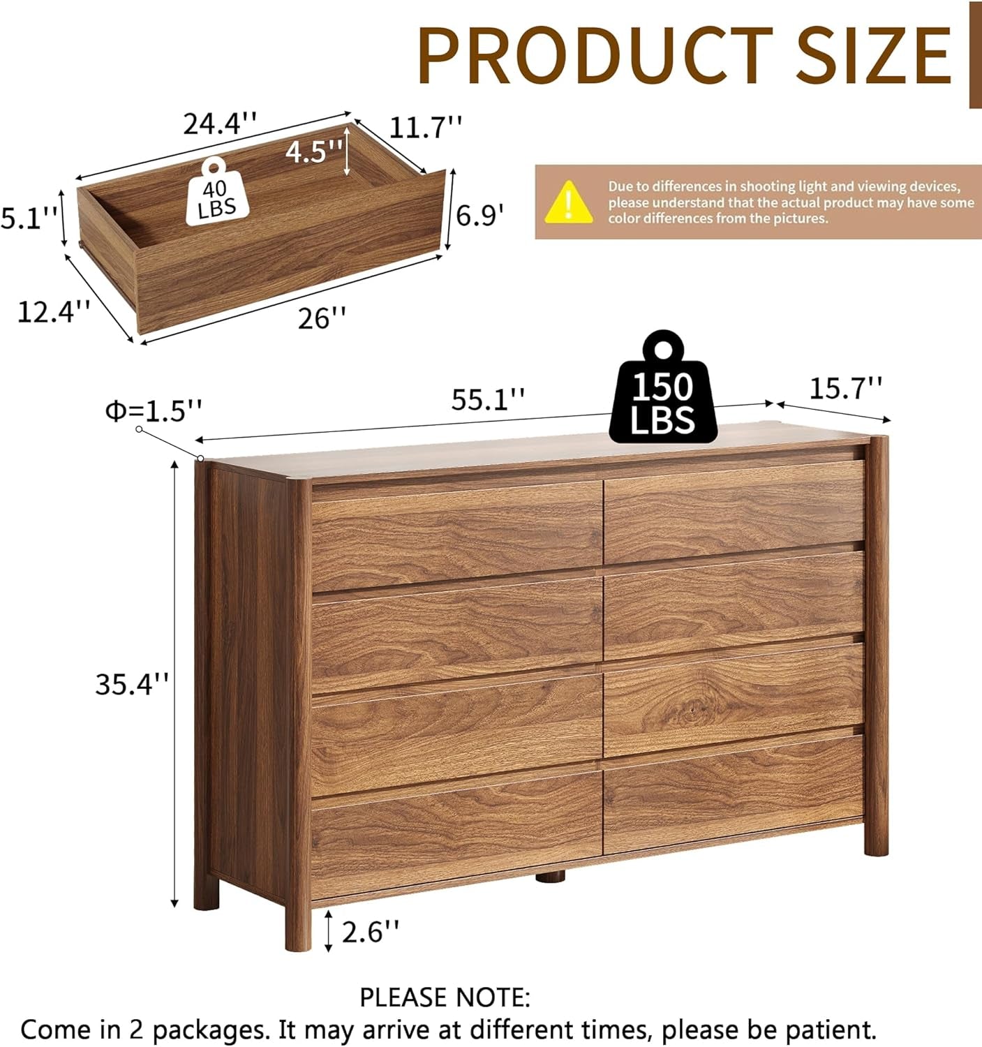 55" Wide Walnut 8 Drawer Dresser for Bedroom with Solid Wood Legs | Mid Century Modern Chest of Drawers with Hidden Handles , Large Wood Storage Dresser for Bedroom