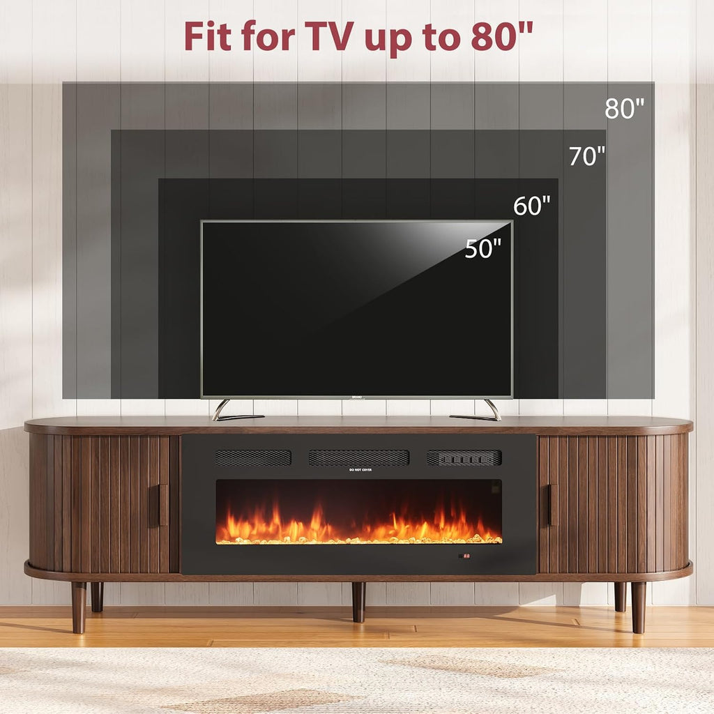 70″ Fluted Fireplace TV Stand, Mid Century Modern TV Stand with 36″ Fireplace for Tvs up to 80", Entertainment Center with Sliding Door & Solid Wood Legs, for Living Room, Walnut