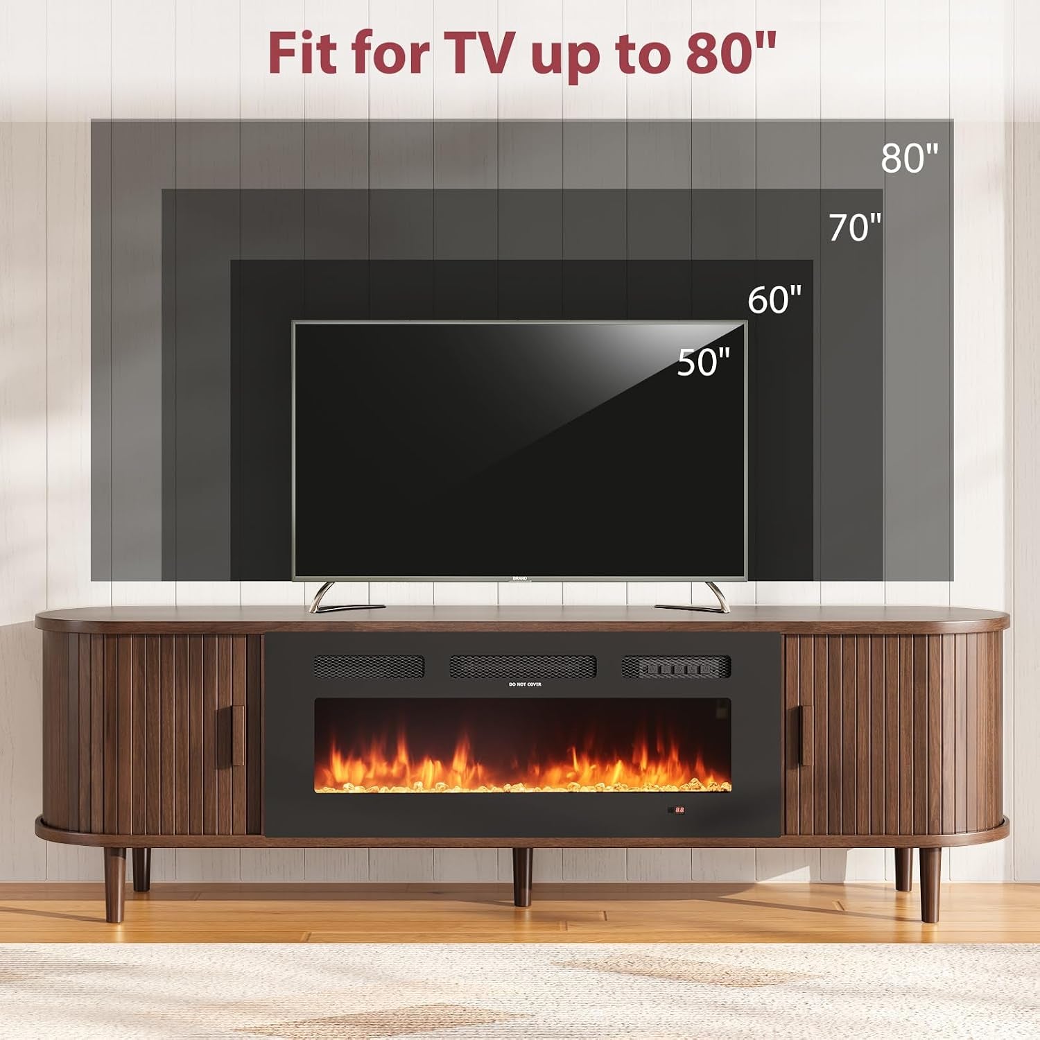 70″ Fluted Fireplace TV Stand, Mid Century Modern TV Stand with 36″ Fireplace for Tvs up to 80", Entertainment Center with Sliding Door & Solid Wood Legs, for Living Room, Walnut