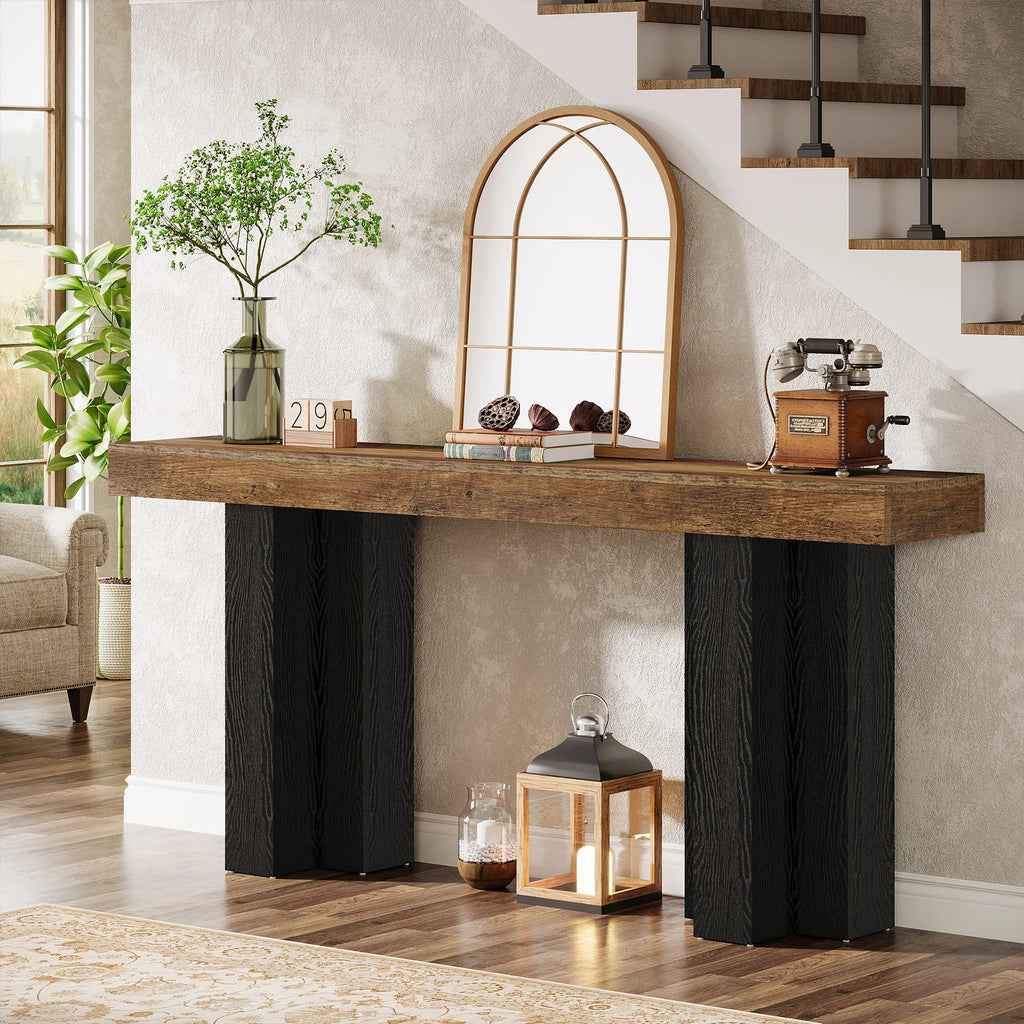 63-Inch Console Table for Entryway, Farmhouse Entryway Table with Sturdy Legs, Narrow Long Sofa Console behind Couch for Living Room, Hallway, Foyer, Rustic Brown and Black