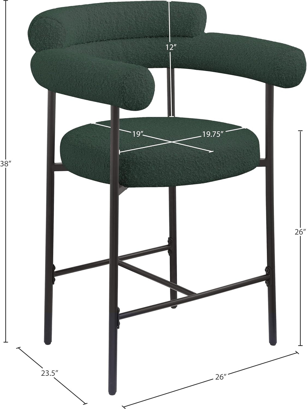 Meridian Furniture 986Green-C Blake Collection Modern | Contemporary Counter Stool with Rich Green Boucle Fabric, Matte Black Iron Metal Frame, 26" W X 23.5" D X 38" H, Green, Set of 2