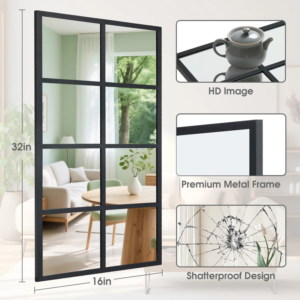 16' X 32' Set of 2 Standing Hanging Full Body Wall Mirror Rectangle Window Pane Decorative Mirror Metal Framed Mirror