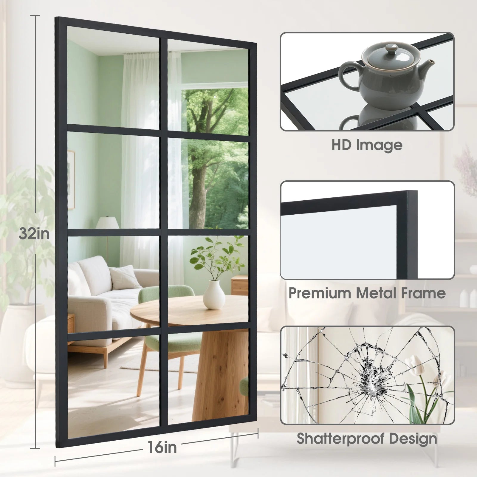16' X 32' Set of 2 Standing Hanging Full Body Wall Mirror Rectangle Window Pane Decorative Mirror Metal Framed Mirror