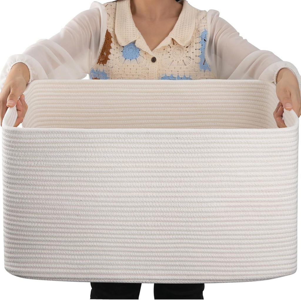 75L Large Blanket Basket, Woven Cotton Rope Baskets for Organizing, 22”X17”X12”, Blanket Basket Living Room, Bedroom, Nursery, Dog Toy Storage Bins, White