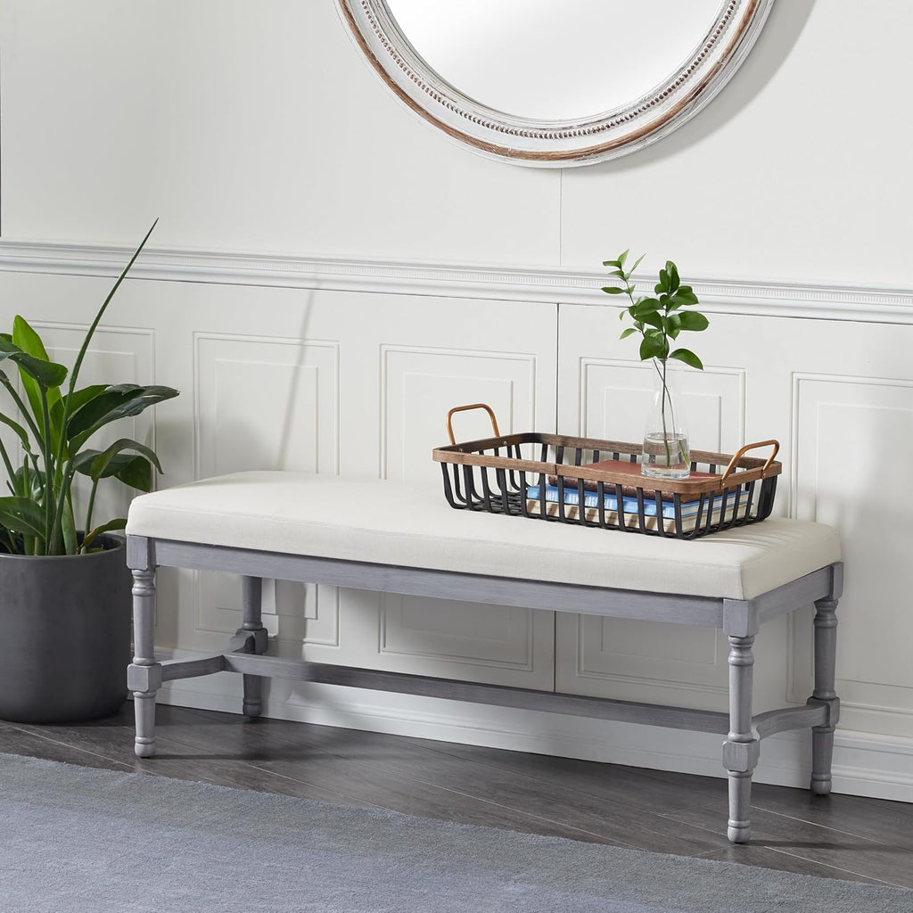 Grey wood entryway bench with burlap seat