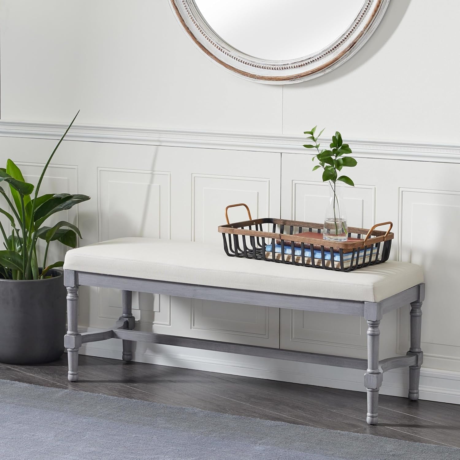 Grey wood entryway bench with burlap seat