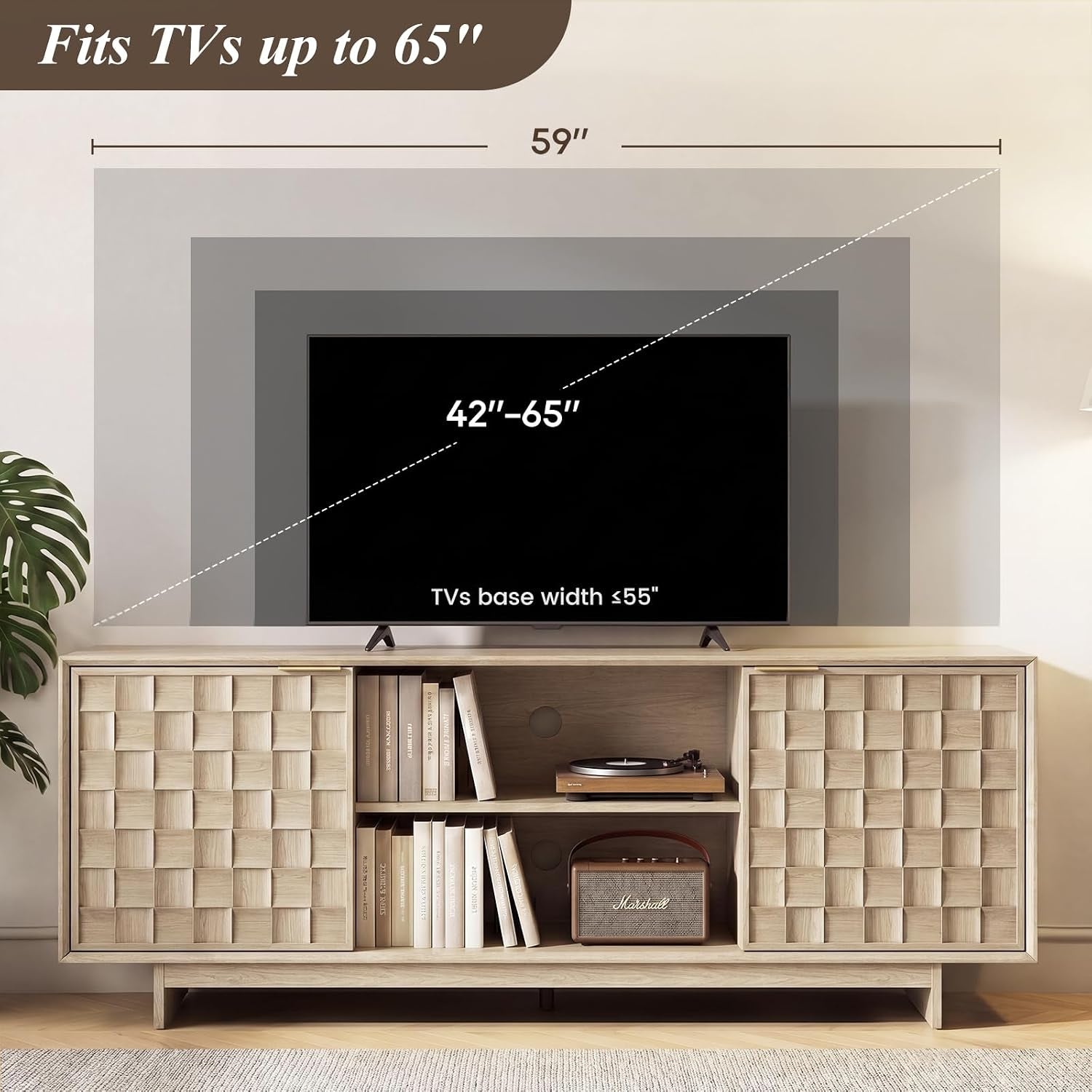 Sunwashed Oak TV Stand for 65 Inch TV, Modern Japandi Entertainment Center with 45° Slim Frame, 59" Scandinavian TV Console Table with Embossed Doors, Media Storage Cabinet, Light Wood Color