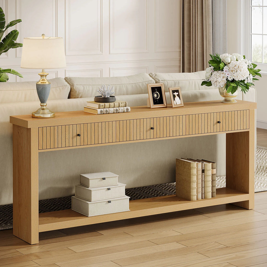 70.9 Inch Console Table with 3 Drawers, Extra Long Entryway Table, Wood Sofa Table Oak Furniture with Open Storage Shelves Wooden Couch Table