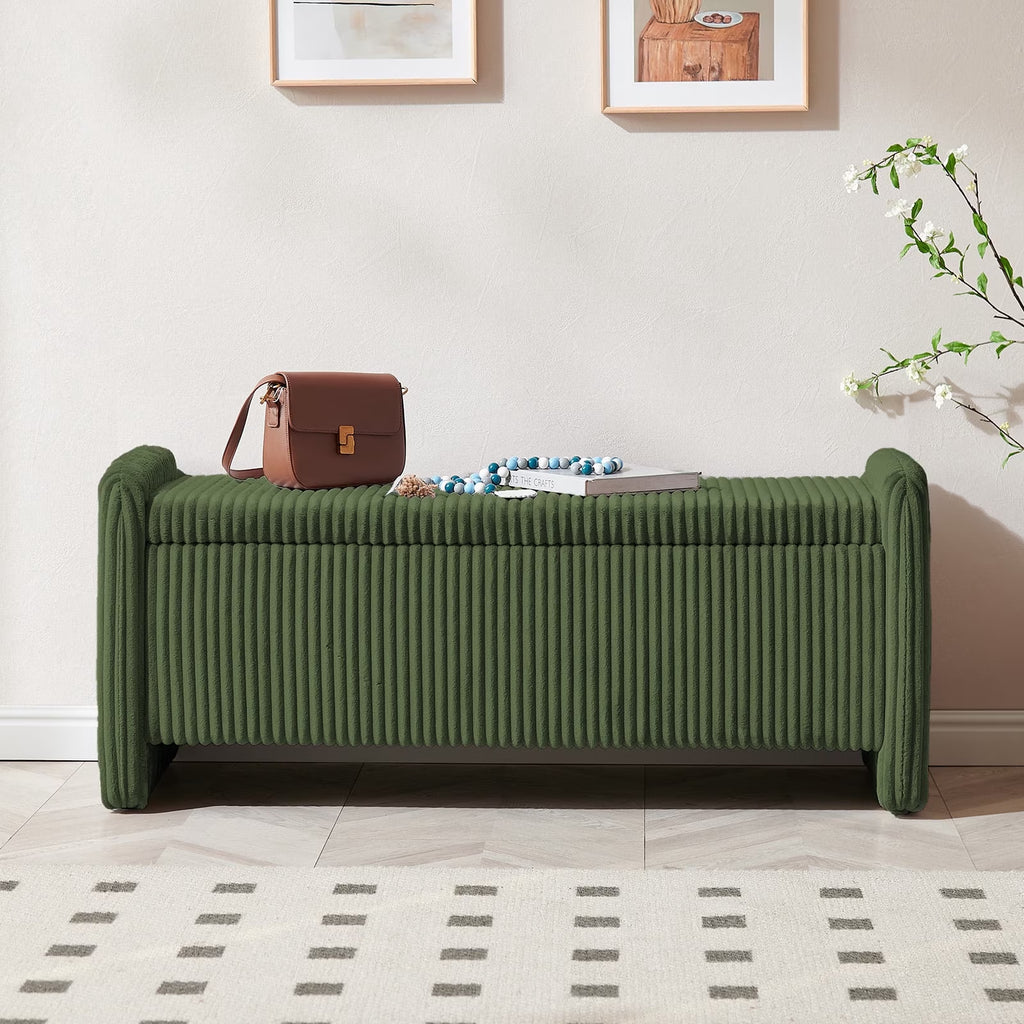 44" Upholstered Storage Bench, Wood Frame Entryway Bench with Storage for Bedroom & Living Room, Corduroy Olive Green