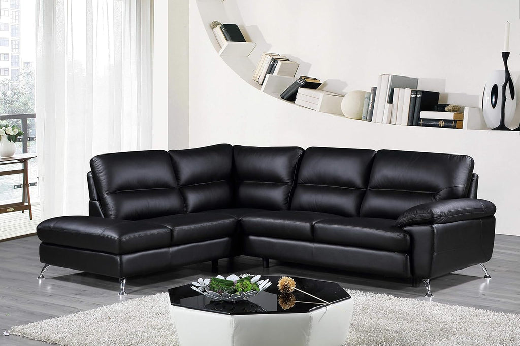 Contemporary Boston Genuine Leather Sectional Sofa with Left Chaise Lounge, Black 80"X98"