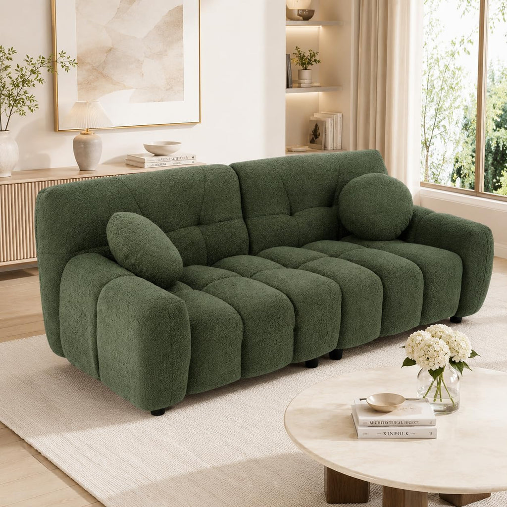72.8" Cloud Couch Sherpa Modern Loveseat Comfy Boucle Sofa, Green | Boucle Sofa Modern Cloud Couch Comfy Loveseat, Deep Seat Sherpa Tufted Couches for Living Room, Office, Bedroom