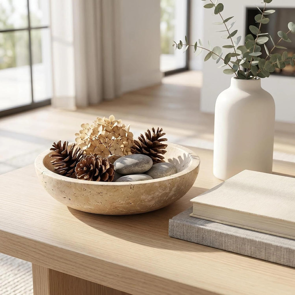 7.87" Natural Travertine Stone Decorative Bowl,Beige, Limestone | Marble Bowl (Decorative Bowl) Functions as Fruit Bowl & Key Bowl; Smooth Beige Finish; for Coffee Table & Kitchen Counter