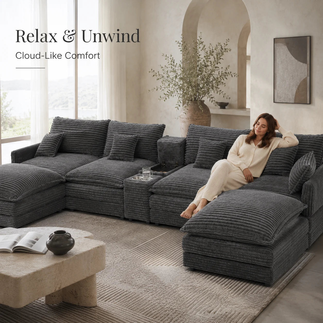 141" 7-Piece U-Shaped Sofa Set, Modular Sectional with Console, Coffee Table & 6 Pillows, for Large Living Room or Office