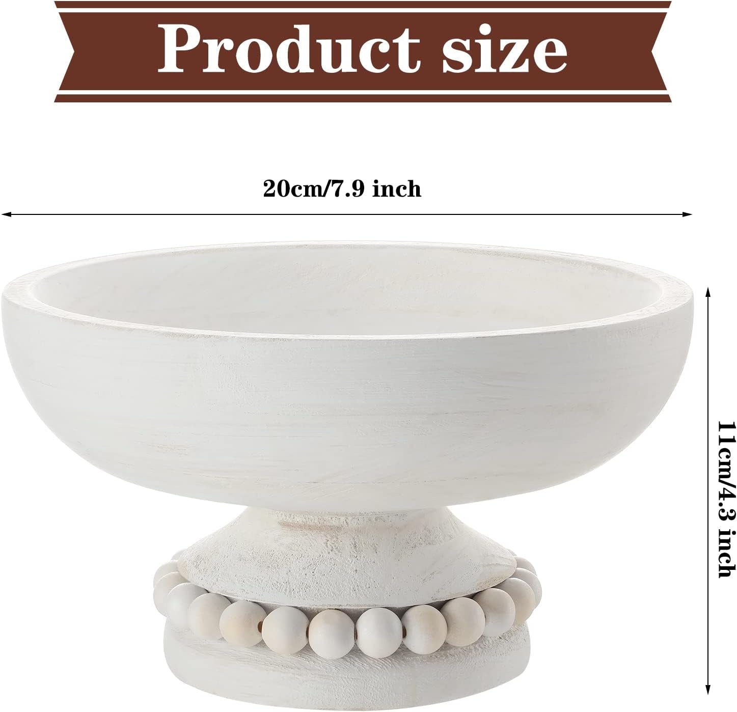 Wood Pedestal Decorative Bowl 8 Inch Wooden Distressed Beaded Bowl for Dining Table Centerpiece, Farmhouse, Serving and Home Décor(White)